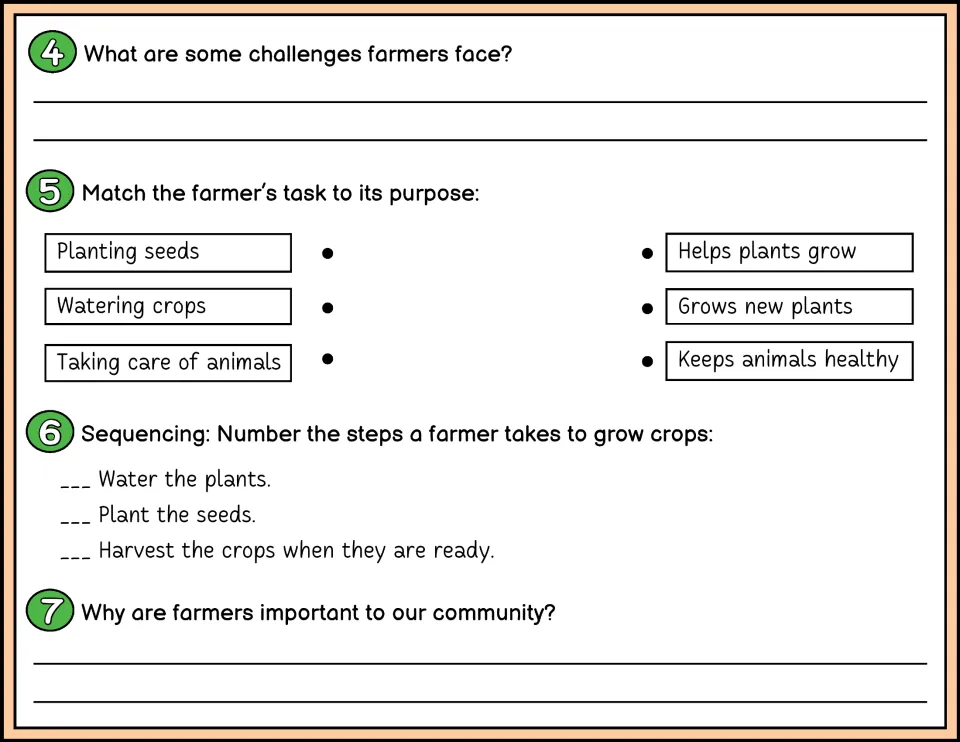 Farmers questions 4-7 in color: students match tasks to purposes, sequence crop-growing steps and write short answers