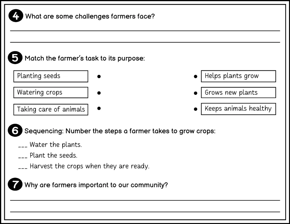 Black-and-white questions 4-7: short answers on farm challenges, task-purpose matching and ordering steps to grow crops