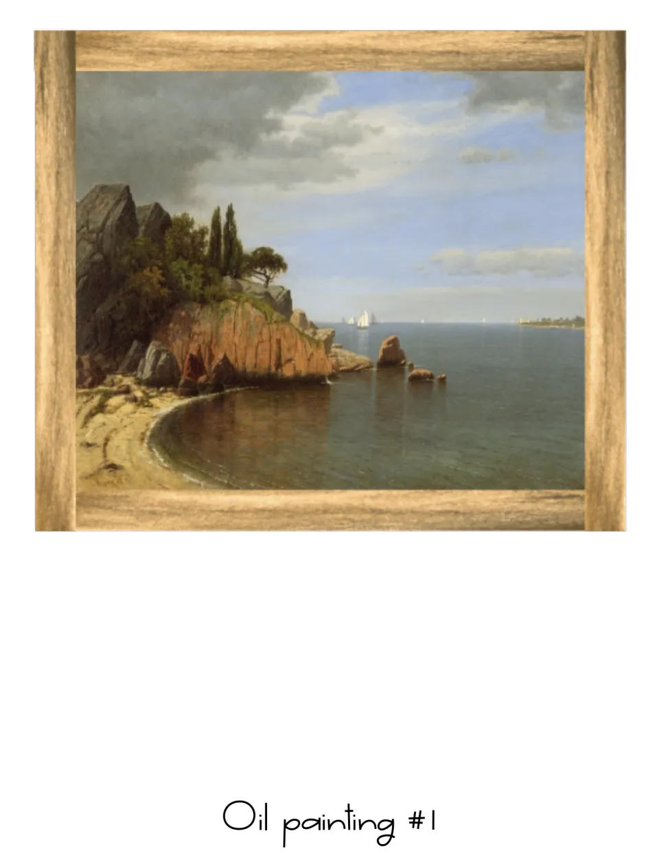 Oil painting #1 for the classroom door display: a framed coastal scene with rocky cliffs and sailboats