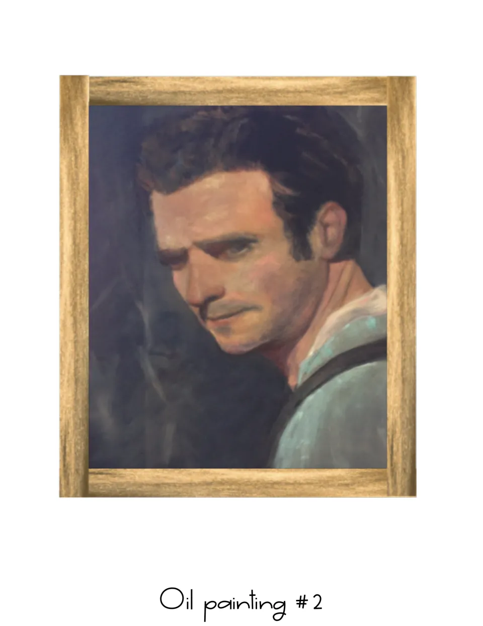 Oil painting #2 for the classroom door display: a framed portrait of a dark-haired man in a collared shirt