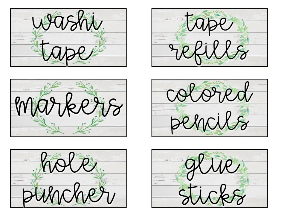 Craft supply labels in script: washi tape, tape refills, markers, colored pencils, hole puncher and glue sticks