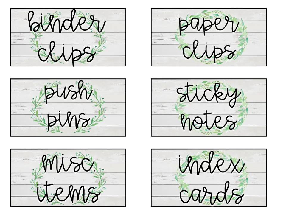 Office supply labels for binder clips, paper clips, push pins, sticky notes, misc. items and index cards