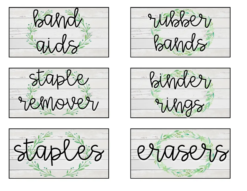 Desk supply labels naming band aids, rubber bands, staple remover, binder rings, staples and erasers in cursive