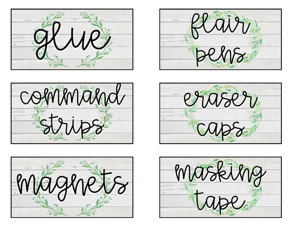 Toolbox labels for glue, flair pens, command strips, eraser caps, magnets and masking tape on farmhouse wood