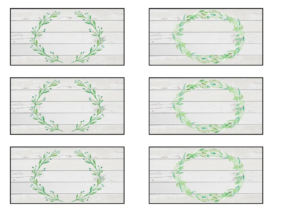 Blank farmhouse labels: six greenery wreath designs on whitewashed wood left empty for writing custom supply names