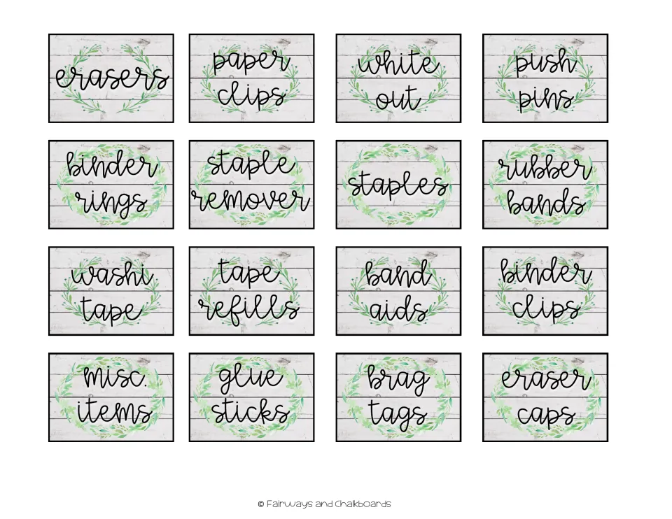 Sixteen smaller supply labels, including brag tags, paper clips, white out, washi tape, staples and eraser caps