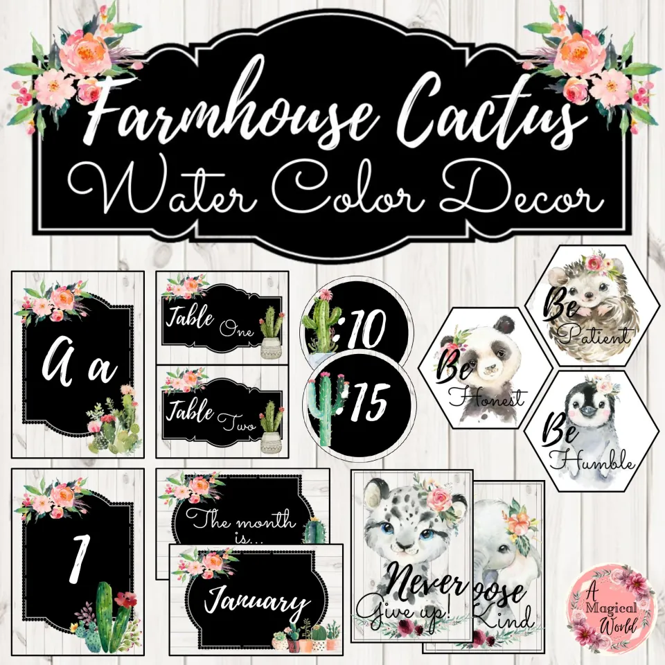 Farmhouse Cactus Water Color Decor cover: alphabet and number posters, table plates, clock, calendar and animal signs