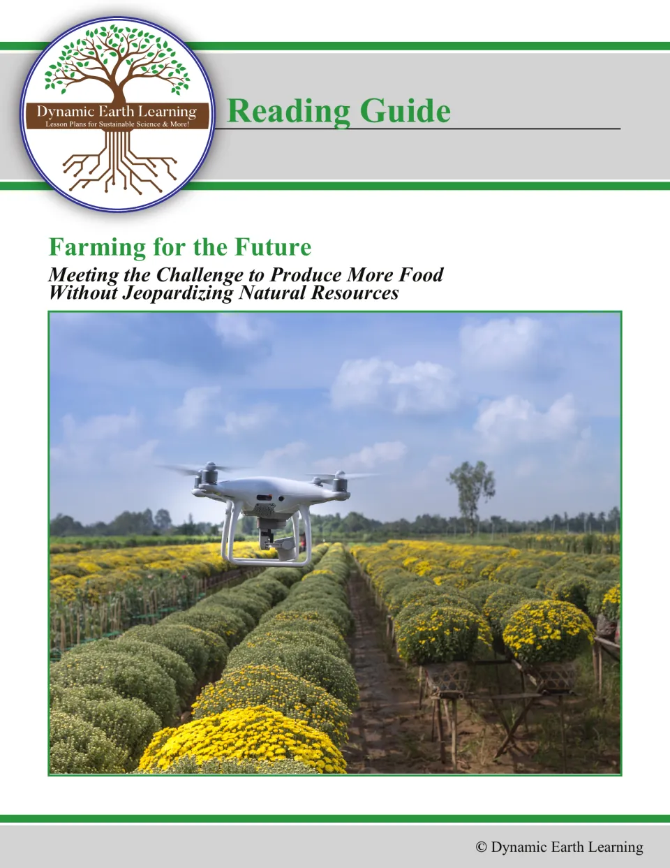 Reading Guide cover: Farming for the Future, producing more food without jeopardizing natural resources; crop-field drone