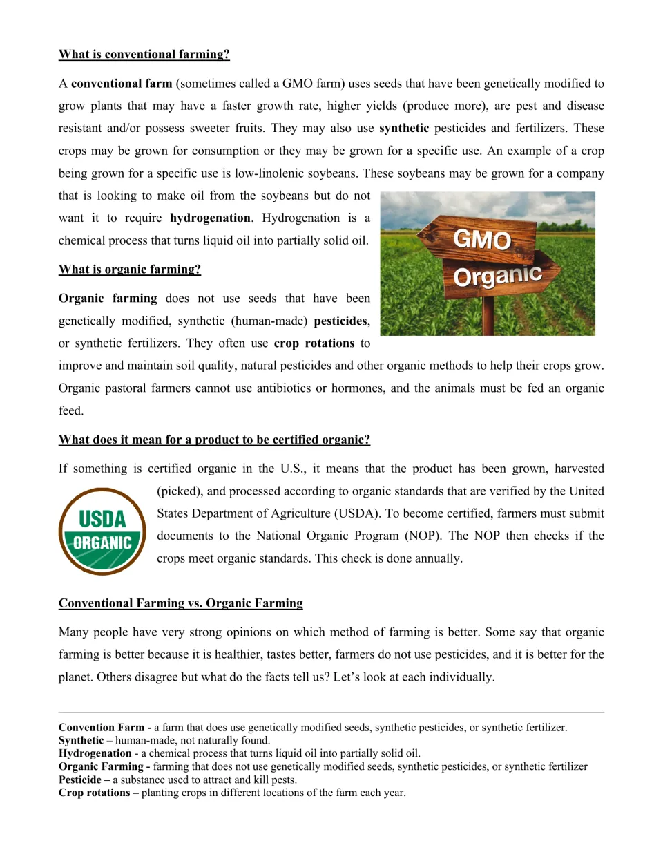 Article page 2: conventional (GMO) farming, organic farming, USDA certified organic, and a vocabulary list