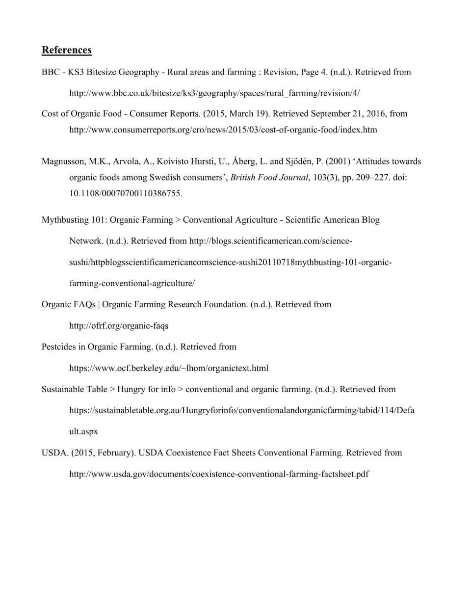 Reference list for the article, citing Consumer Reports, the USDA, Scientific American and five other sources
