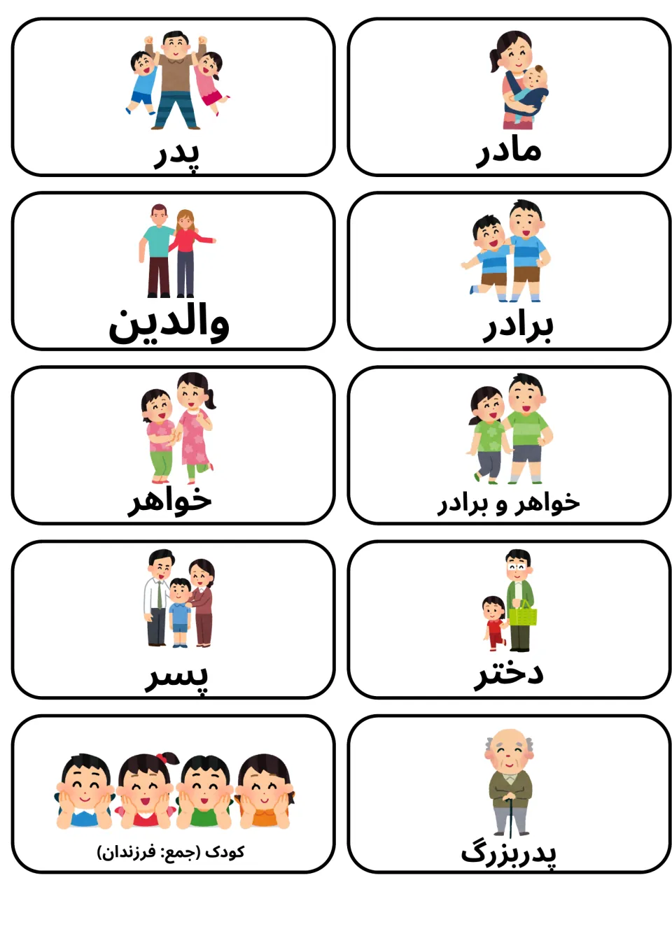 Farsi immediate family flashcards: cards for father, mother, parents, siblings, son, daughter, children, grandfather
