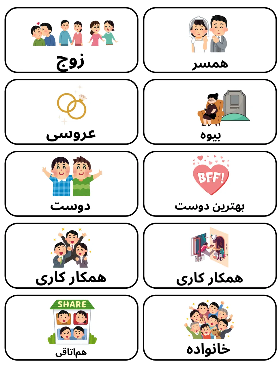 Farsi relationship word cards: couple, spouse, wedding, widow, friend, best friend, coworker, roommate and family
