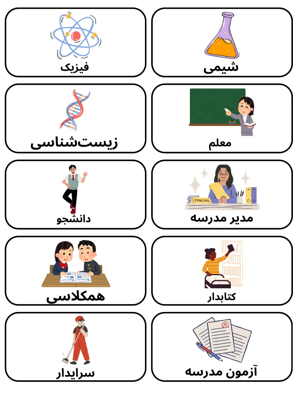 Farsi school people and sciences: picture cards for physics, chemistry, biology, teacher, student and principal