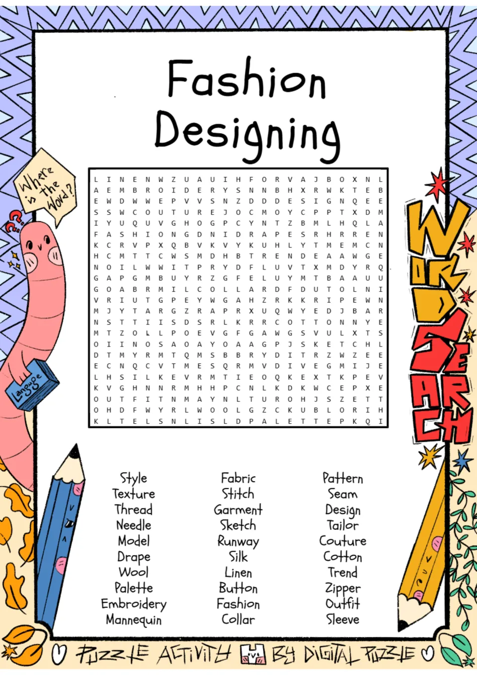 Fashion vocabulary word search featuring 30 words, including style, texture, thread, needle, and mannequin.