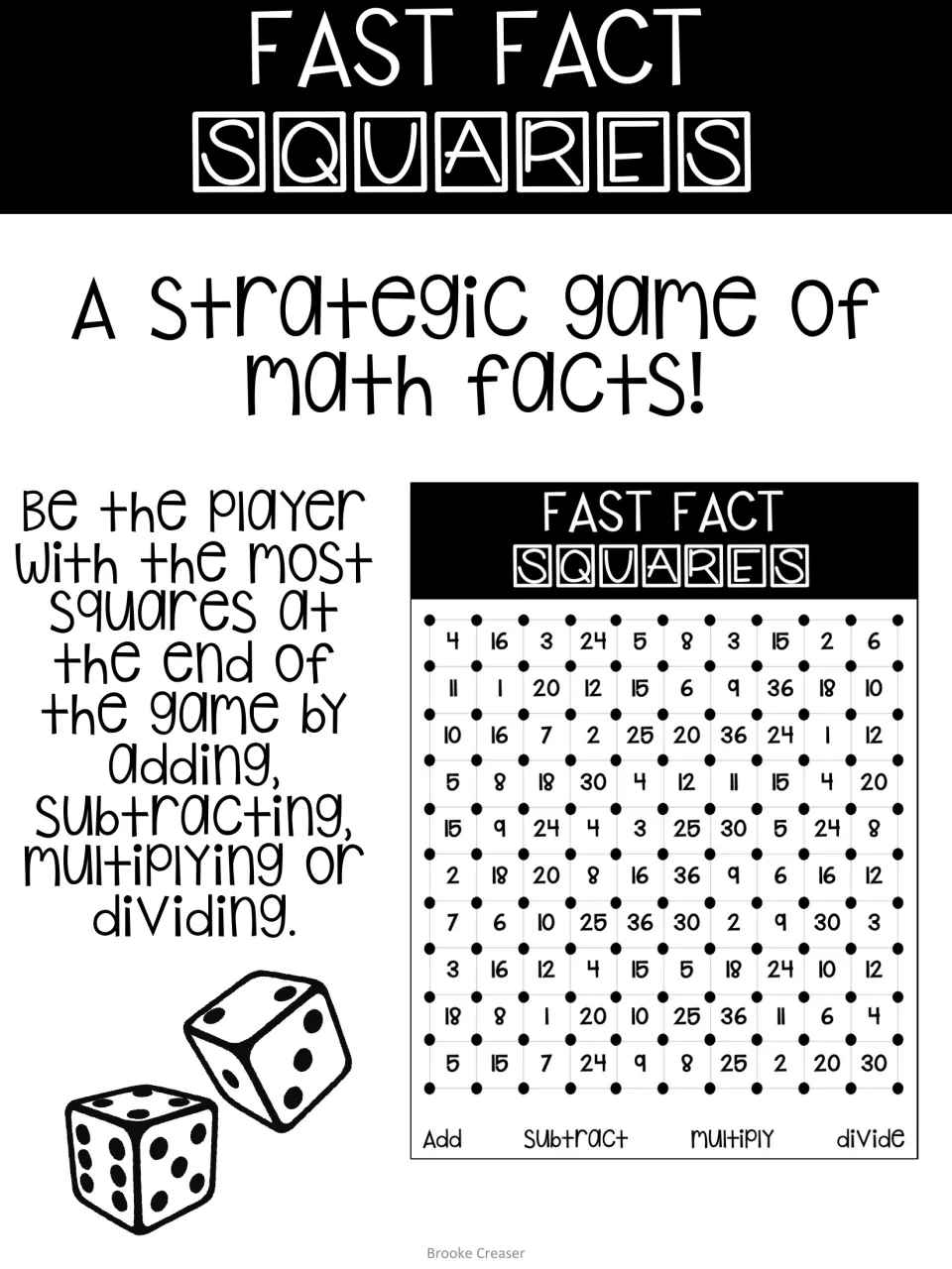 Fast Fact Squares cover: a math facts dice game where players add, subtract, multiply or divide to claim the most squares