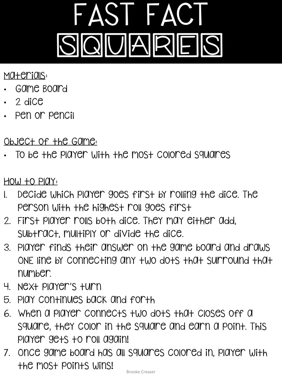 Game directions: materials (board, 2 dice, pencil), object and seven steps for rolling, computing and closing off squares