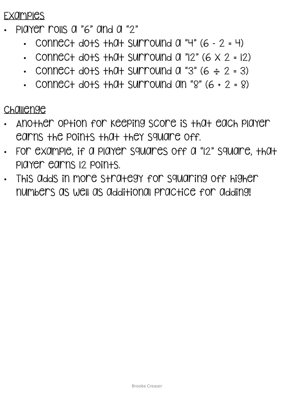 Worked examples for a roll of 6 and 2 giving 4, 12, 3 and 8, plus a challenge rule scoring each square by its number
