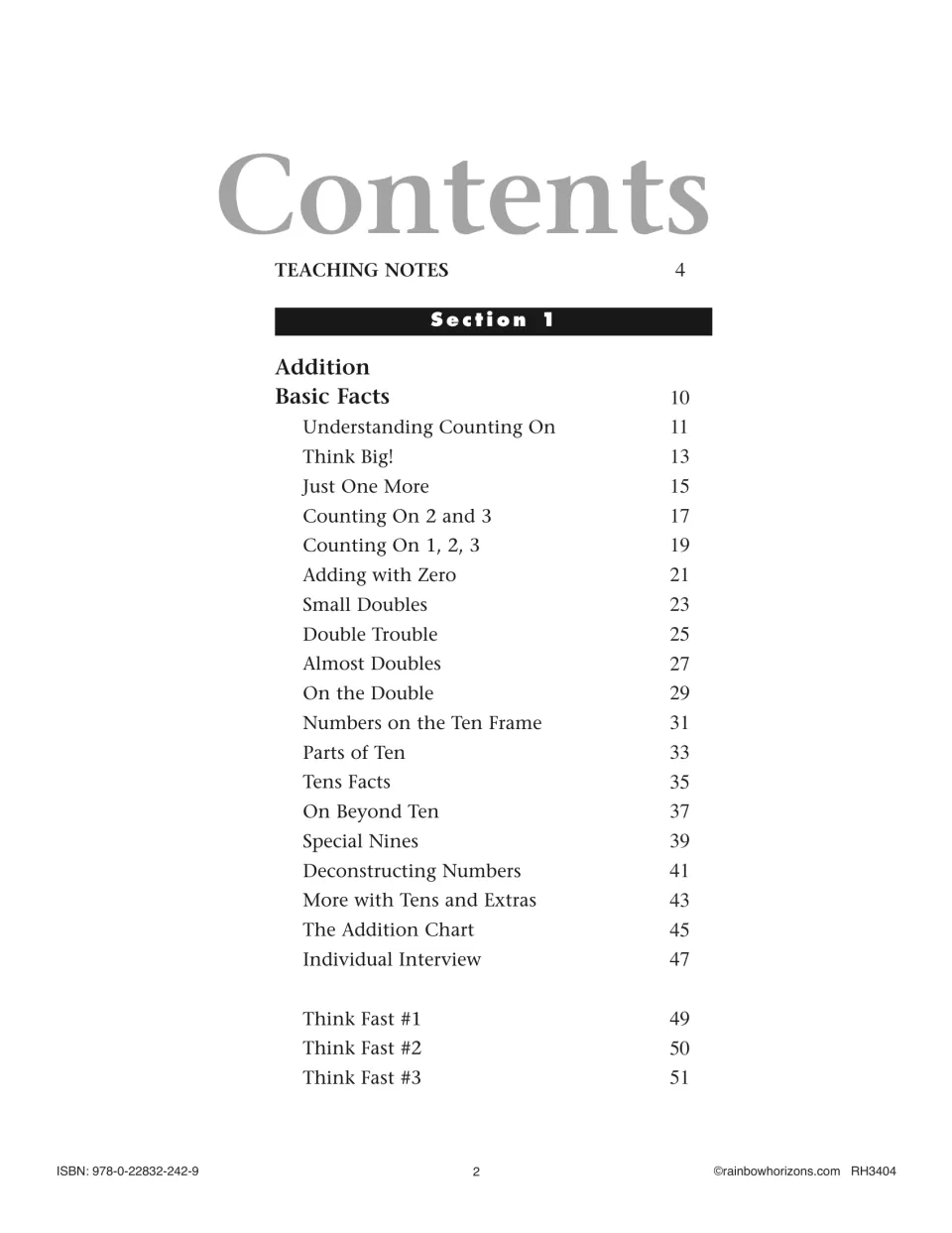 Contents, Section 1: addition basic facts lessons from Counting On and Doubles to Tens Facts, plus Think Fast reviews