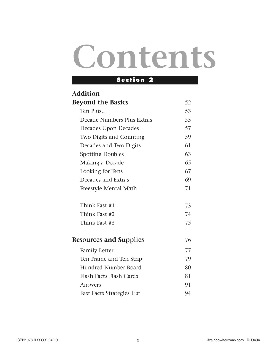 Contents, Section 2: addition beyond the basics with decade numbers, two-digit lessons, family letter and flash cards