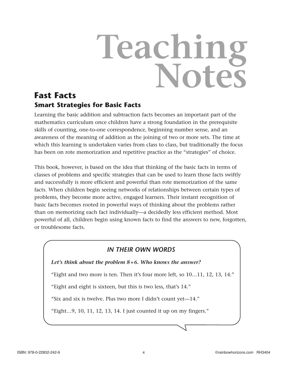 Teaching notes on smart strategies for basic facts, with four student explanations of how they solve 8 + 6