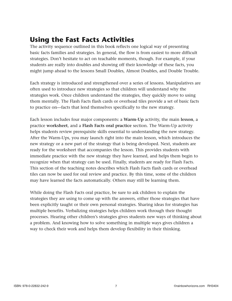 Guide to the activity sequence: each lesson has a warm-up, main lesson, practice worksheet and Flash Facts oral practice