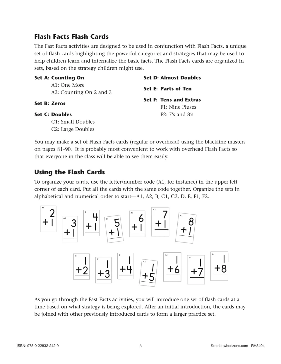 Flash card sets A to F by strategy, with sample A1 One More cards showing +1 facts and tips for organizing cards