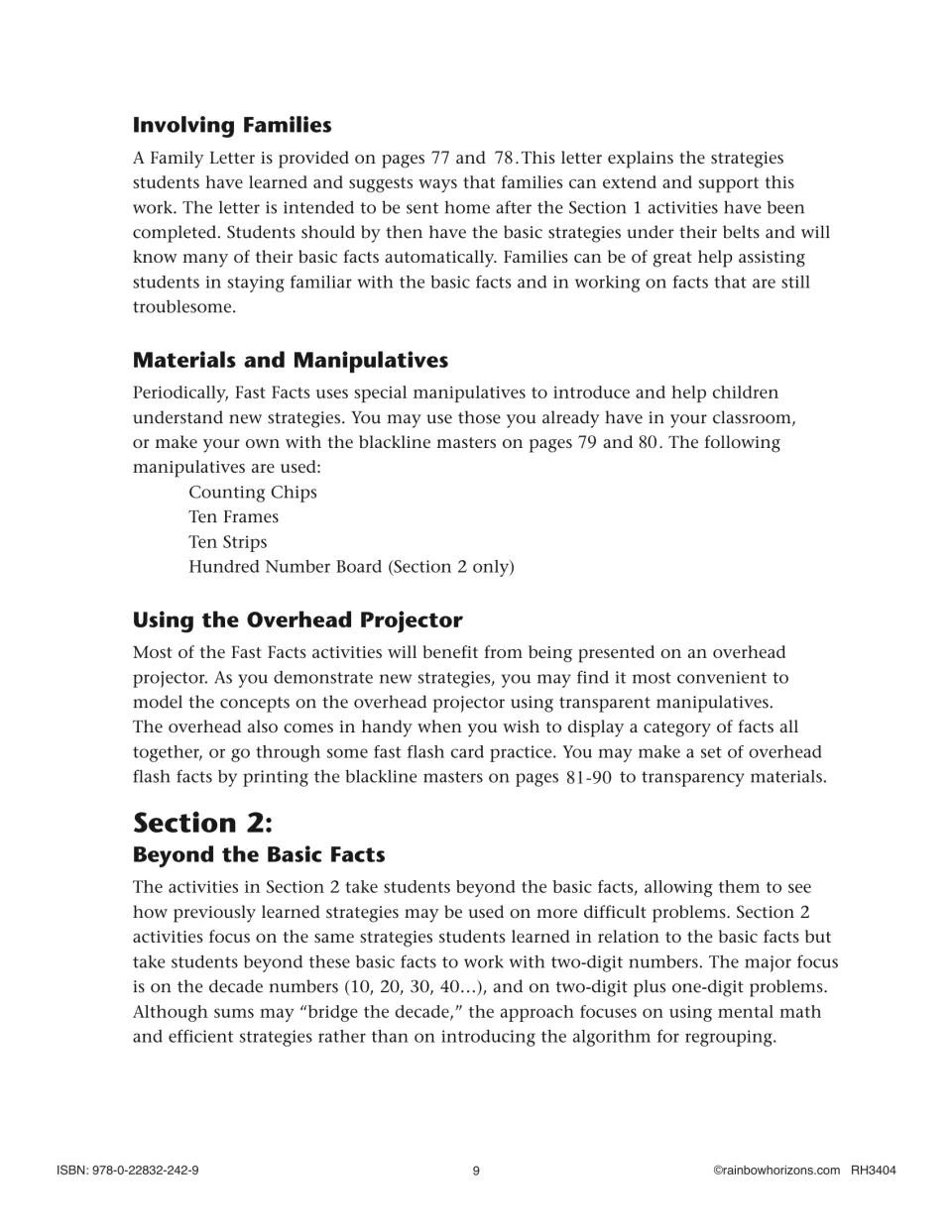 Teacher notes on the family letter, manipulatives, overhead projector use and Section 2 two-digit mental math