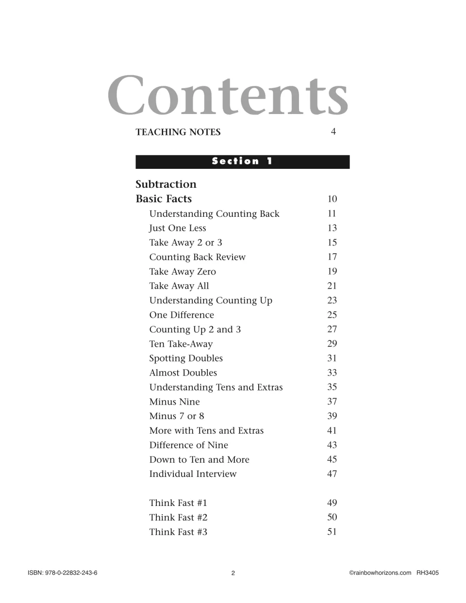 Section 1 contents listing basic-fact lessons from Understanding Counting Back to Individual Interview and Think Fast #1-3