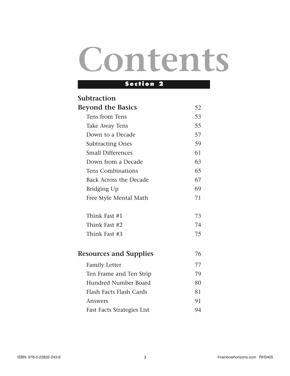 Section 2 contents: two-digit lessons like Tens from Tens and Bridging Up, plus family letter, ten frame and flash cards