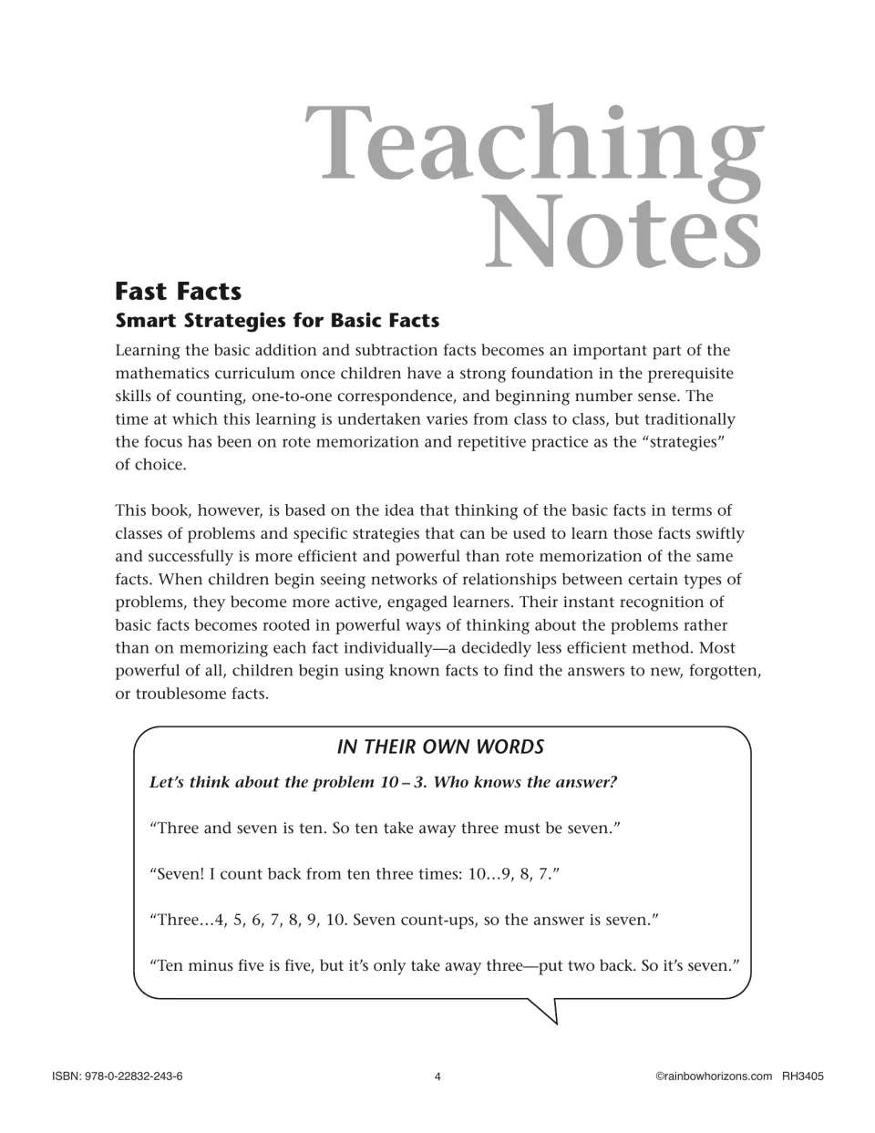 Teaching notes on smart strategies for basic facts, with student quotes showing four ways to solve 10 - 3