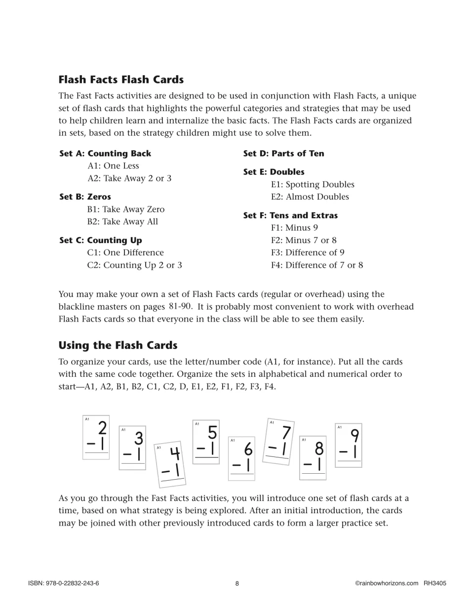 Flash Facts flash cards sorted into strategy sets A to F, with tips for organizing cards and sample minus-one cards