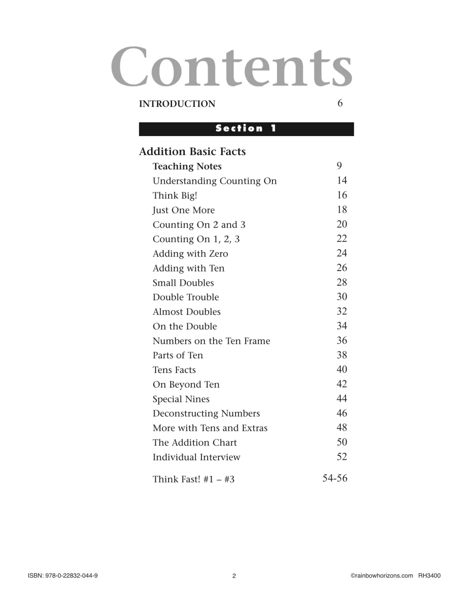 Contents for Section 1, Addition Basic Facts: lessons from Understanding Counting On to Think Fast! reviews