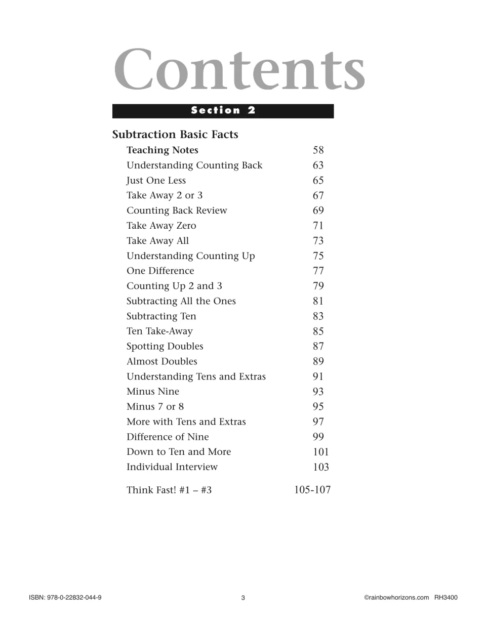 Contents for Section 2, Subtraction Basic Facts: lessons on counting back, counting up, take away zero, tens and extras