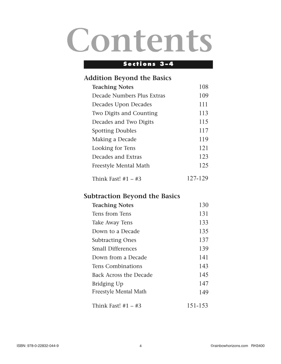 Contents for Sections 3–4: Addition and Subtraction Beyond the Basics lessons on decades, tens and freestyle mental math