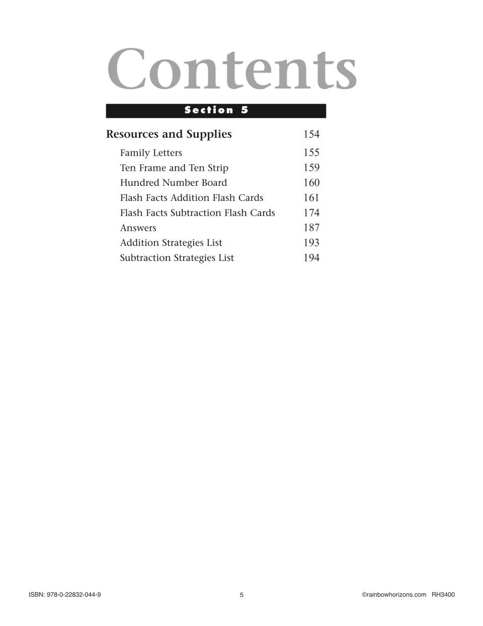 Contents for Section 5, Resources and Supplies: family letters, hundred board, flash cards, answers, strategy lists