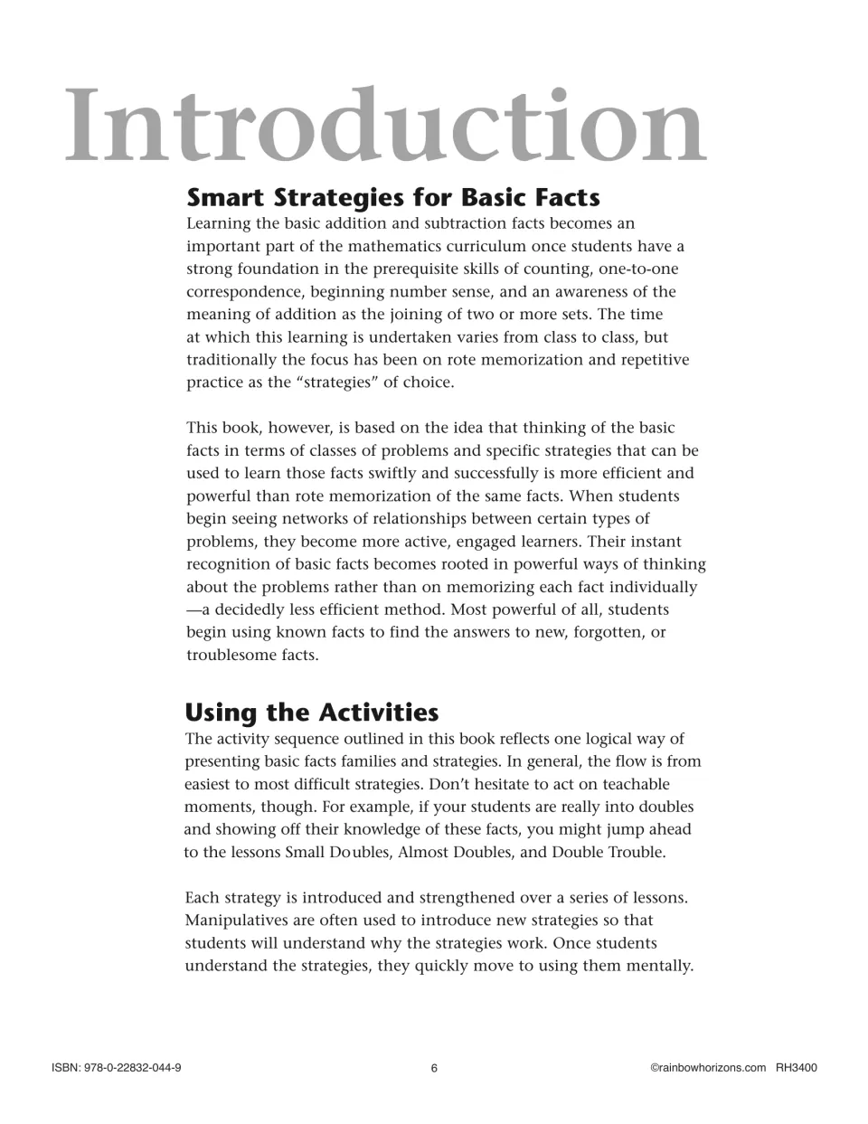 Introduction, Smart Strategies for Basic Facts: teacher notes on fact strategies versus rote memorization and lesson order