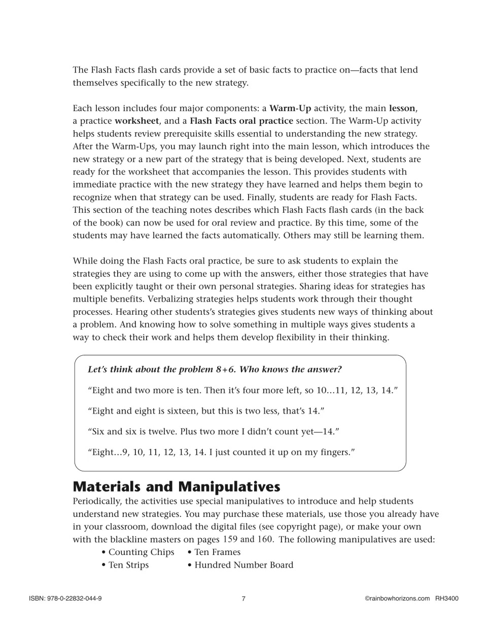 Lesson structure notes: Warm-Up, lesson, worksheet and Flash Facts oral practice, plus student strategies for 8 + 6
