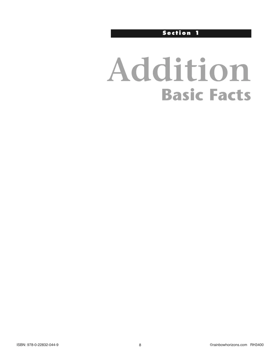 Section 1 divider: Addition Basic Facts, the opening part of the book covering addition fact strategy lessons