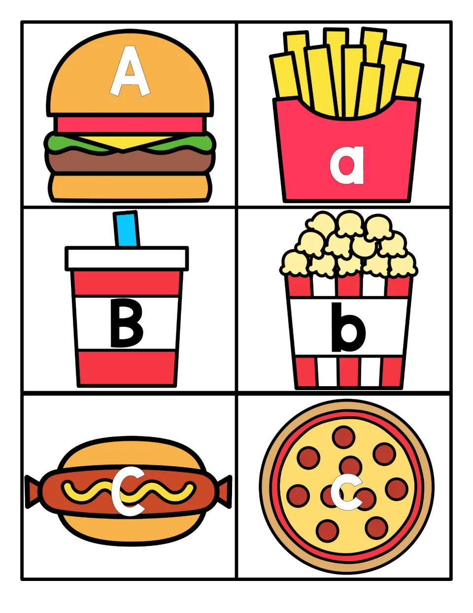 Letters A to C: match uppercase A, B, C on a burger, drink and hot dog to lowercase a, b, c on fries, popcorn and pizza