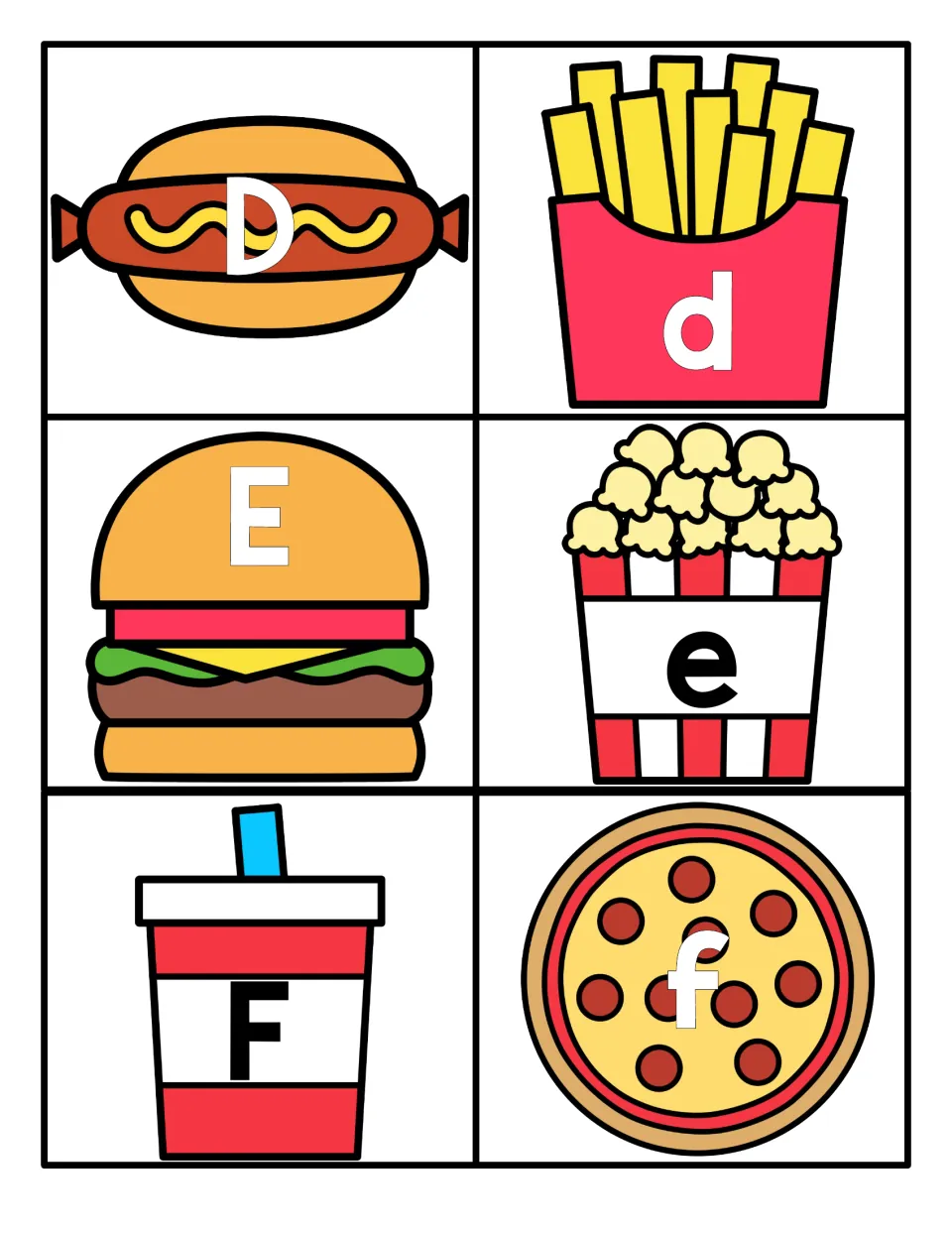 Letters D to F: hot dog D, burger E and cup F cards pair with lowercase d, e, f on fries, popcorn and pizza cards