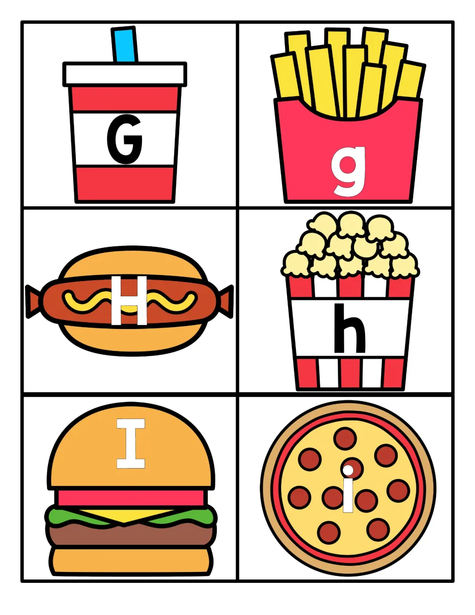 Letters G to I: capital G, H, I on drink cup, hot dog and burger paired with small g, h, i on fries, popcorn and pizza