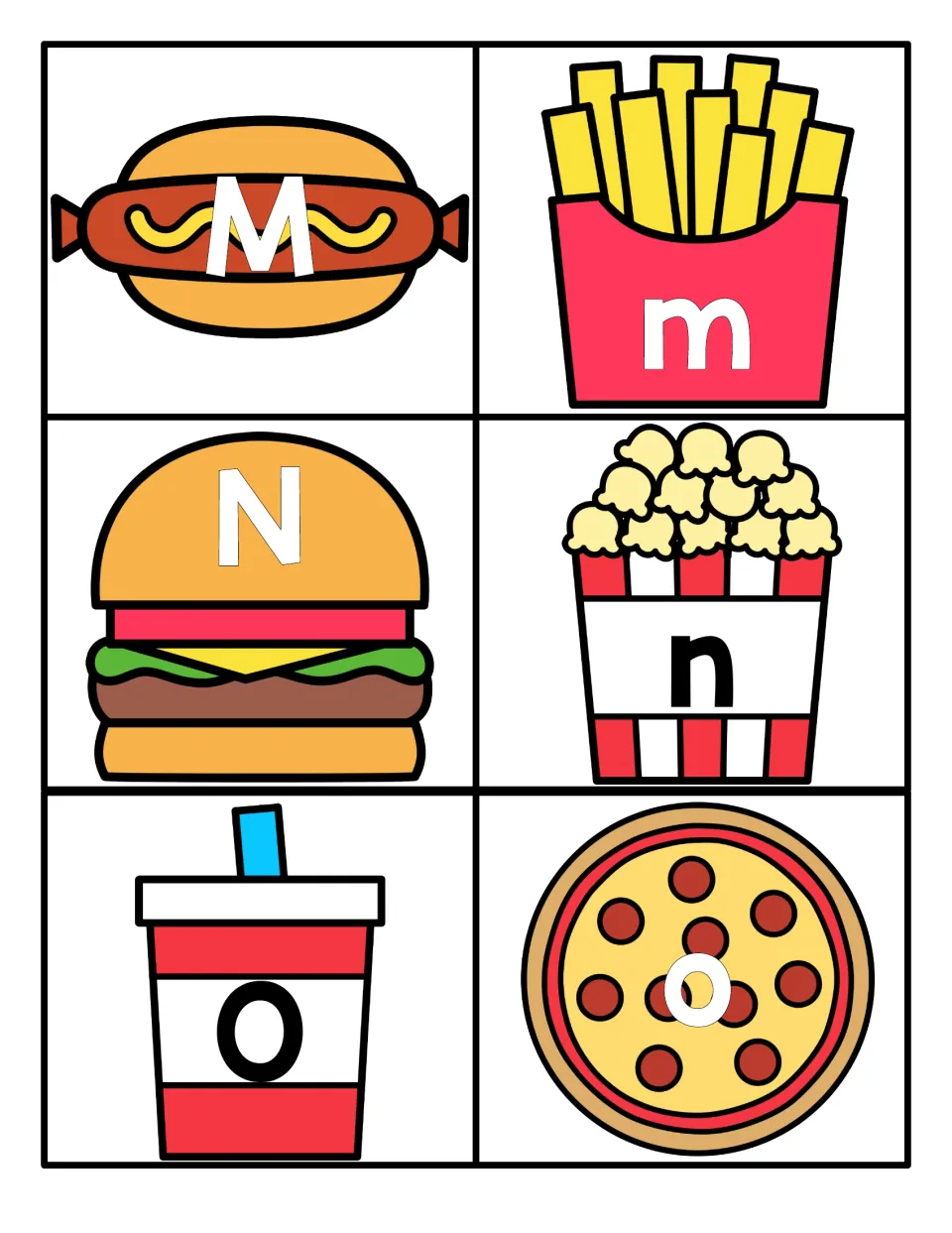 Letters M to O: hot dog M, burger N and cup O cards with lowercase m, n, o on fries, popcorn and pizza for matching