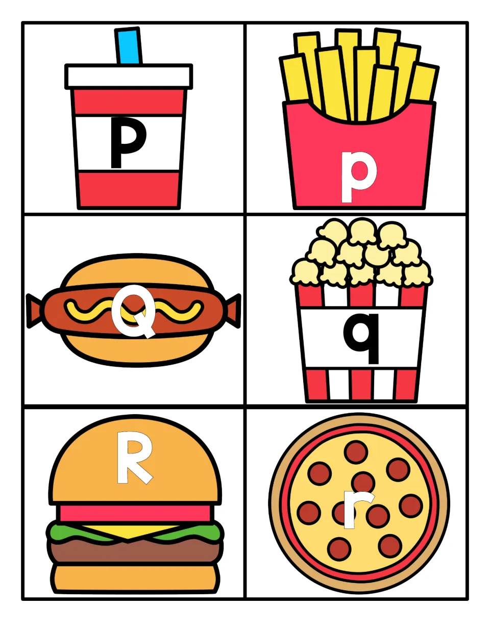 Letters P to R: P cup, Q hot dog and R burger cards beside lowercase p fries, q popcorn and r pizza to match case pairs