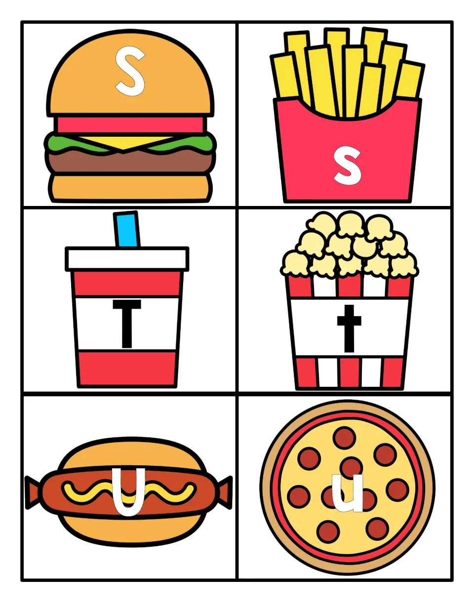 Letters S to U: uppercase S burger, T cup and U hot dog with lowercase s fries, t popcorn and u pizza for matching