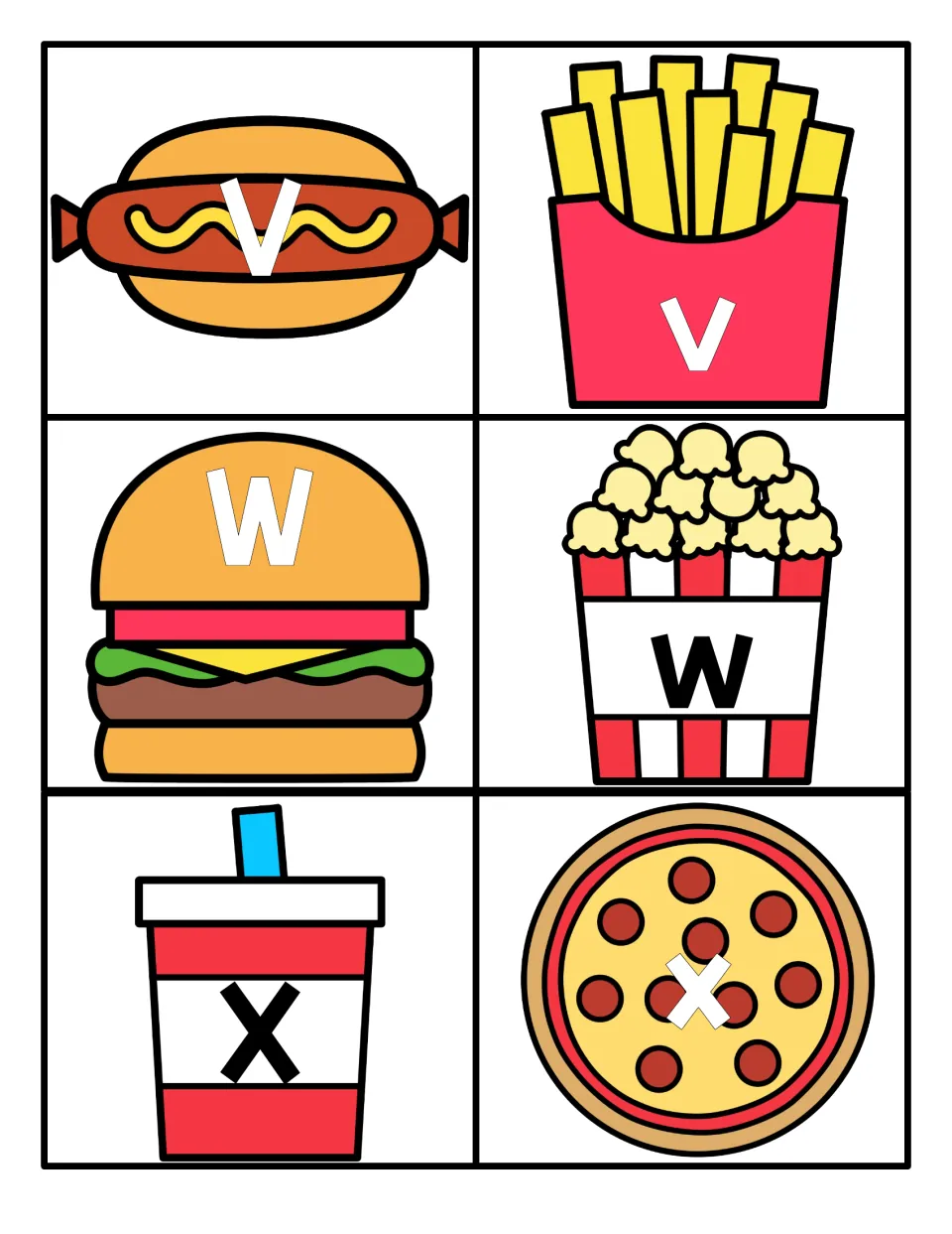 Letters V to X: V hot dog, W burger and X cup matched with small v fries, w popcorn and x pizza for case recognition