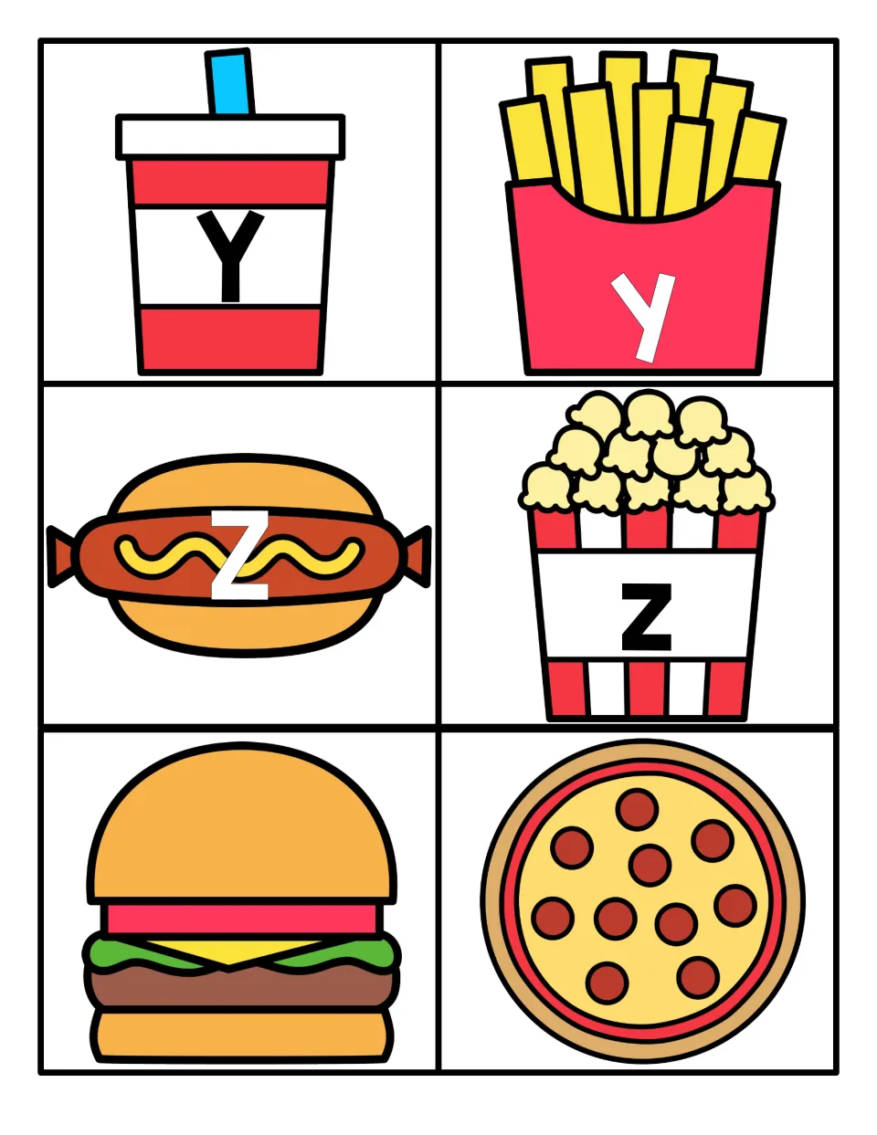 Letters Y and Z: Y drink cup, y fries, Z hot dog and z popcorn cards, plus blank burger and pizza cards with no letter