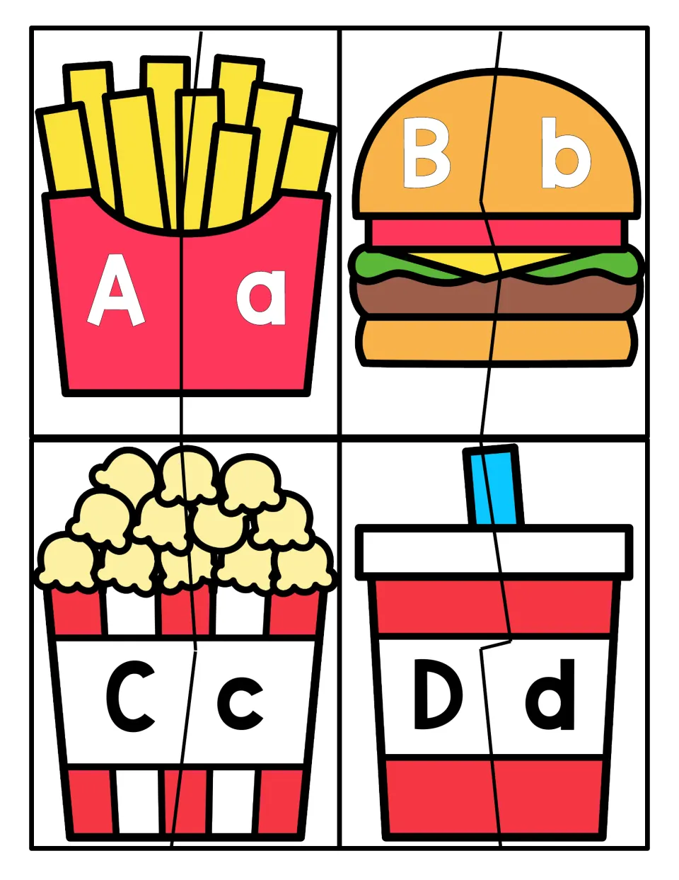 Letters A-D uppercase/lowercase match: students join two-piece fries, burger, popcorn and drink puzzles, Aa to Dd