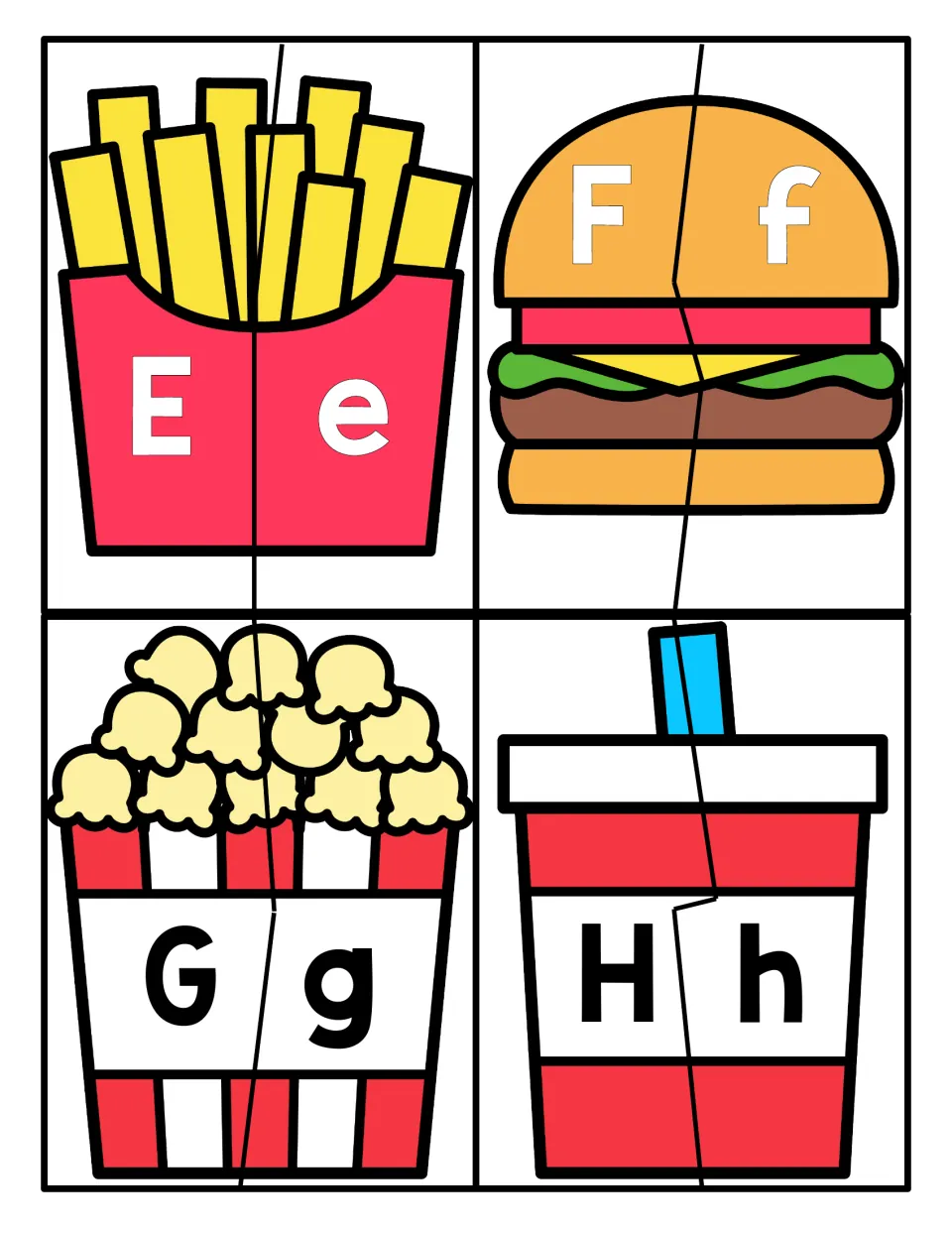 Letters E-H uppercase/lowercase match: two-piece fries, burger, popcorn and drink puzzles pair Ee, Ff, Gg and Hh