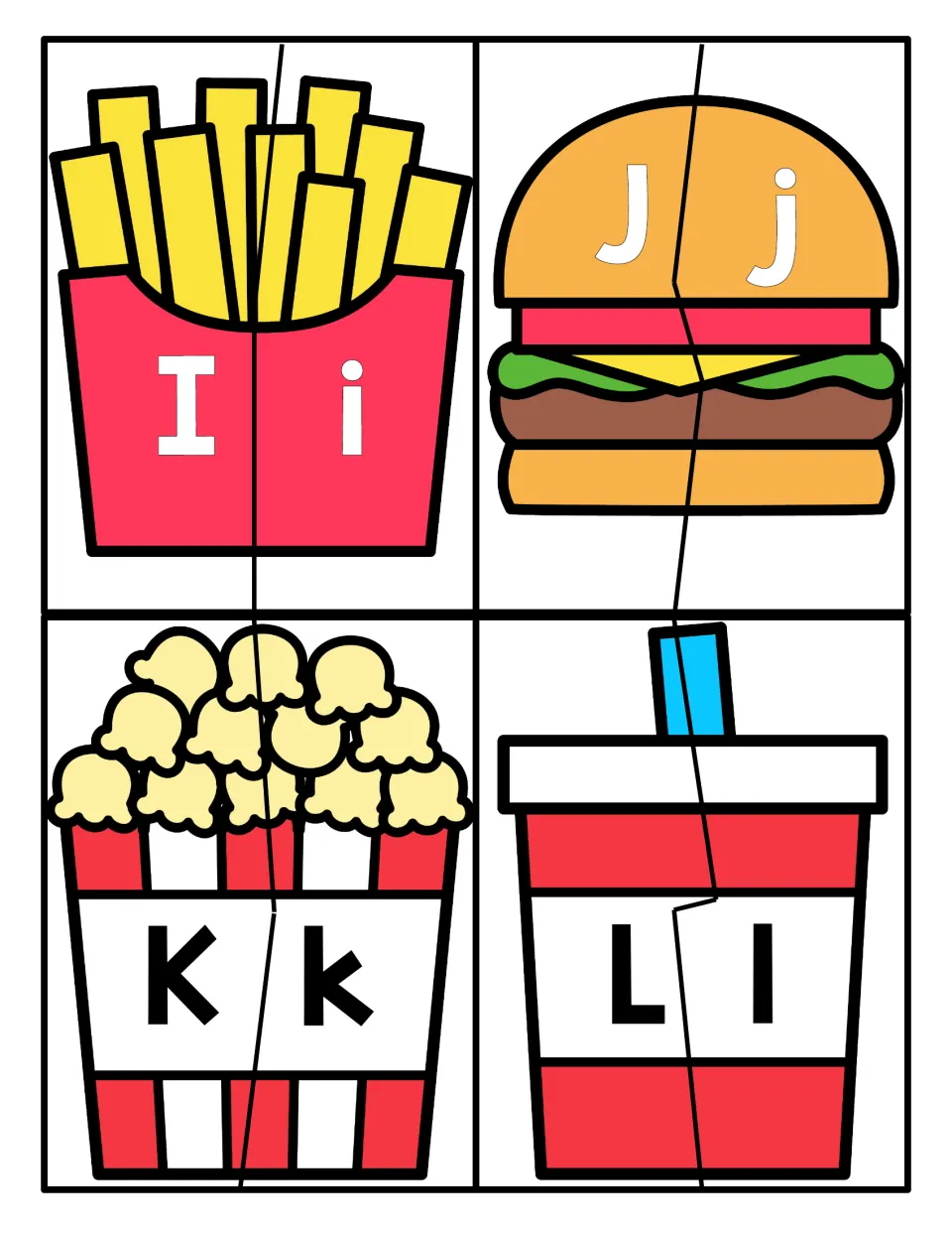 Letters I-L uppercase/lowercase match: students put together fries Ii, burger Jj, popcorn Kk and drink Ll halves