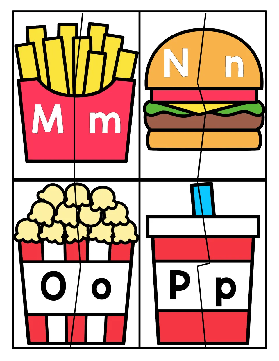 Letters M-P uppercase/lowercase match: students join fries Mm, burger Nn, popcorn Oo and drink Pp two-piece puzzles
